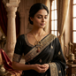 Woman in a black saree with gold embroidery in an ornate room.